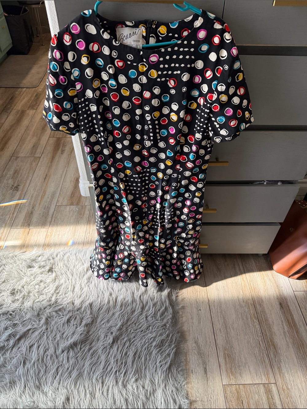 Scaasi vintage Black silk Mini Dress with Multicolor Polka Dots